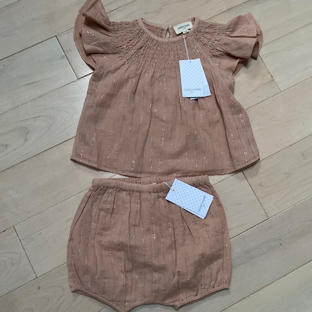 Louis Louise pink smoked ruffle sleeve tunic top and bloomers “London” set